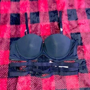 Black strappy bra with rhinestones